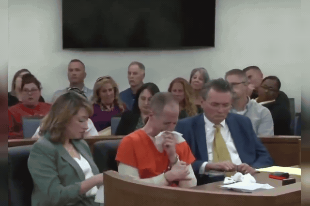 Caleb Flynn weeps in court as his daughters' statements are read aloud. The 40-year-old was sentenced to life without parole for murdering his wife Ashley, a schoolteacher, after staging a fake burglary to cover up the…