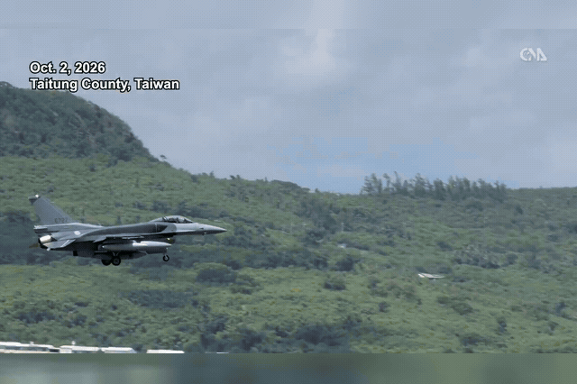 Two Lockheed Martin F-16V Block 70 fighter jets on the tarmac at Chihhang Air Base, arriving as part of an $8 billion, 66-aircraft deal despite a $14 billion US arms package for Taiwan being placed on hold.