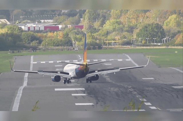 A Jet2 aircraft on the runway at Birmingham Airport during Storm Boelo. Storms Boelo and Austen together cut power to 838,700 UK properties over the weekend.