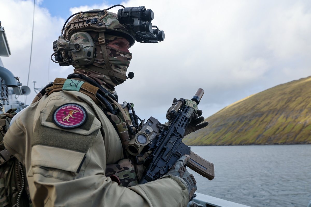 A Royal Marine from UK Commando Force on vessel during the Faroe Islands drills, which span the North Atlantic, High North and Baltic Sea as part of the wider exercise.