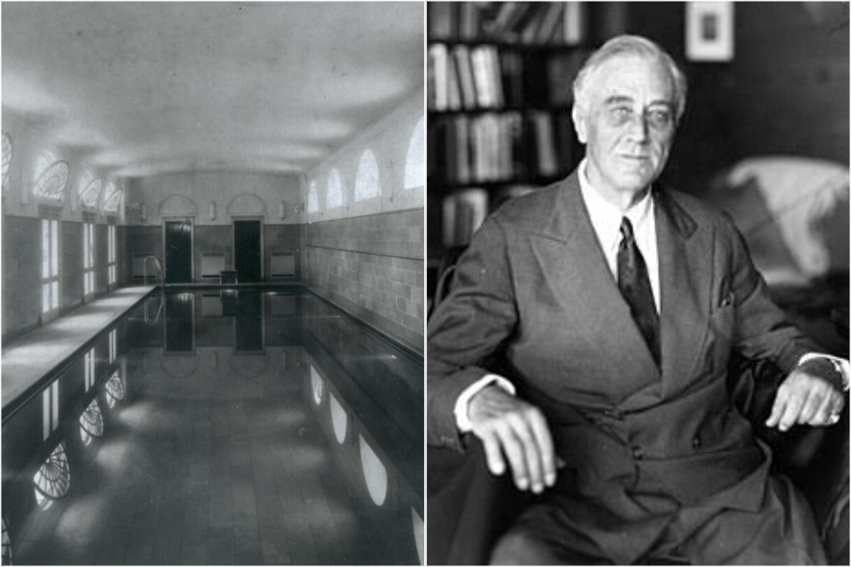 The White House indoor swimming pool that Franklin D. Roosevelt installed in 1933 to ease his polio — later covered over by Nixon to house reporters — which Donald Trump is now pushing to restore.