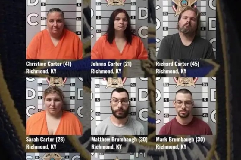 Custody photographs of Christine Carter, Johnna Carter, Richard Carter, Sarah Carter, Matthew Brumbaugh and Mark Brumbaugh, six of eight adults charged after seven children were rescued from a urine-reeking…