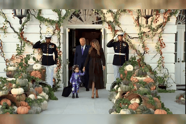 Trump and Melania Trump emerged from the White House with children for Halloween, with Melania also handing out 'Be Best' postcards and colouring books alongside sweets during the South Lawn event.