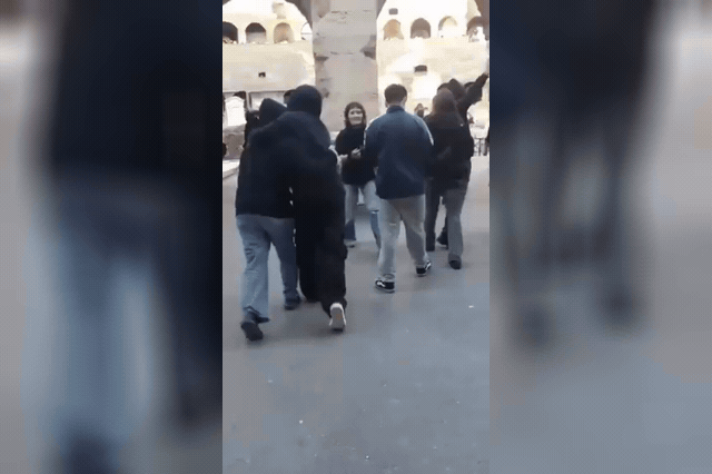 Masked rioters force their way through entrance barriers at Rome's Colosseum, which protesters waving Palestinian flags stormed as unrest grew across the city.