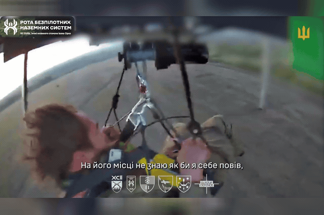 A soldier of Ukraine's 92nd Assault Brigade airlifted by drone — the same evacuation method that rescued Kostiantyn Vlasenko, 49, who survived eight months stranded near Kupiansk after amputating his own leg.