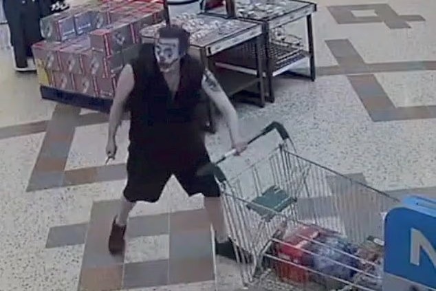 Peter Braithwaite, painted as The Joker, inside the Morrisons in Jarrow's Viking Centre, where a female worker later told Newcastle Crown Court she believed she was about to be stabbed.