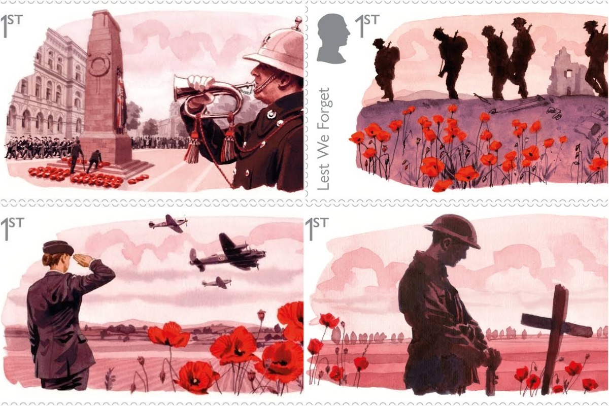 Four of Royal Mail's six poppy-red 'Lest We Forget' stamps, illustrated by Matthew Cook, a reservist with The Rifles, who said remembrance holds 'a very special place in my life'.