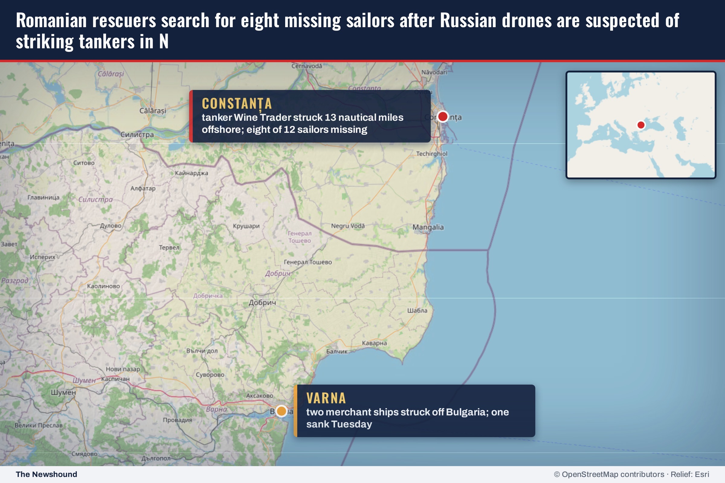 Romanian rescuers are searching for eight missing sailors after the San Marino-flagged chemical tanker Wine Trader caught fire in territorial waters, with a second vessel also ablaze at the same Danube canal mouth…