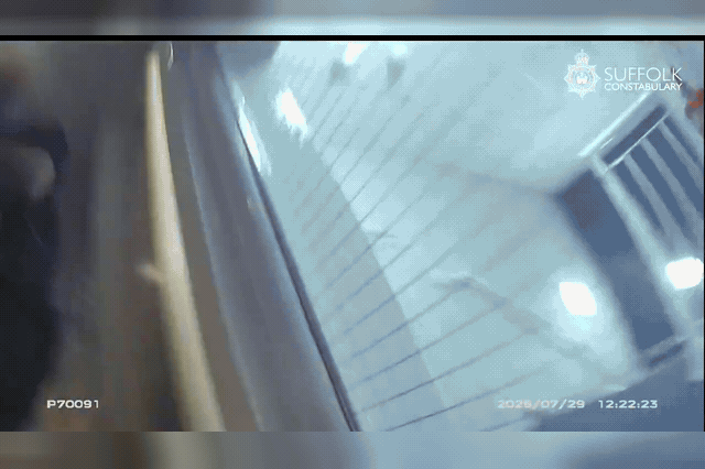 Bodycam footage from inside the hotel corridor in Capel St Mary where Butler beat one officer's face four or five times after slamming her colleague into a wall and strangling her.