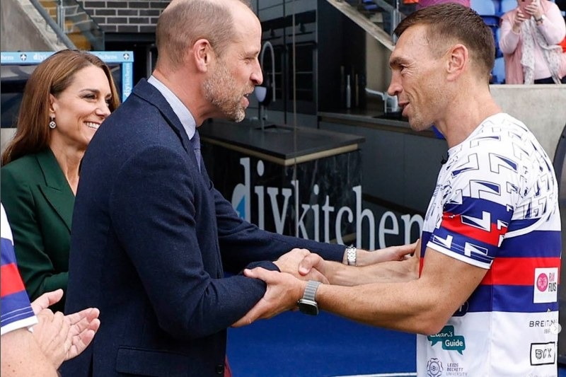 William and Kate chat with Sir Kevin Sinfield at the DIY Kitchens Stadium in Wakefield, where he admitted he had been "dreaming of an ice bath all day" after finishing his third ultramarathon stage.
