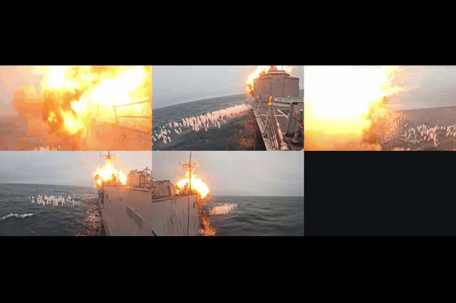 The USS Klakring, a decommissioned 138-metre guided missile frigate, sinks to the North Atlantic floor after taking hits from a missile, a torpedo, and a Naval Strike Missile from HMS Portland in the joint US-Royal Navy…