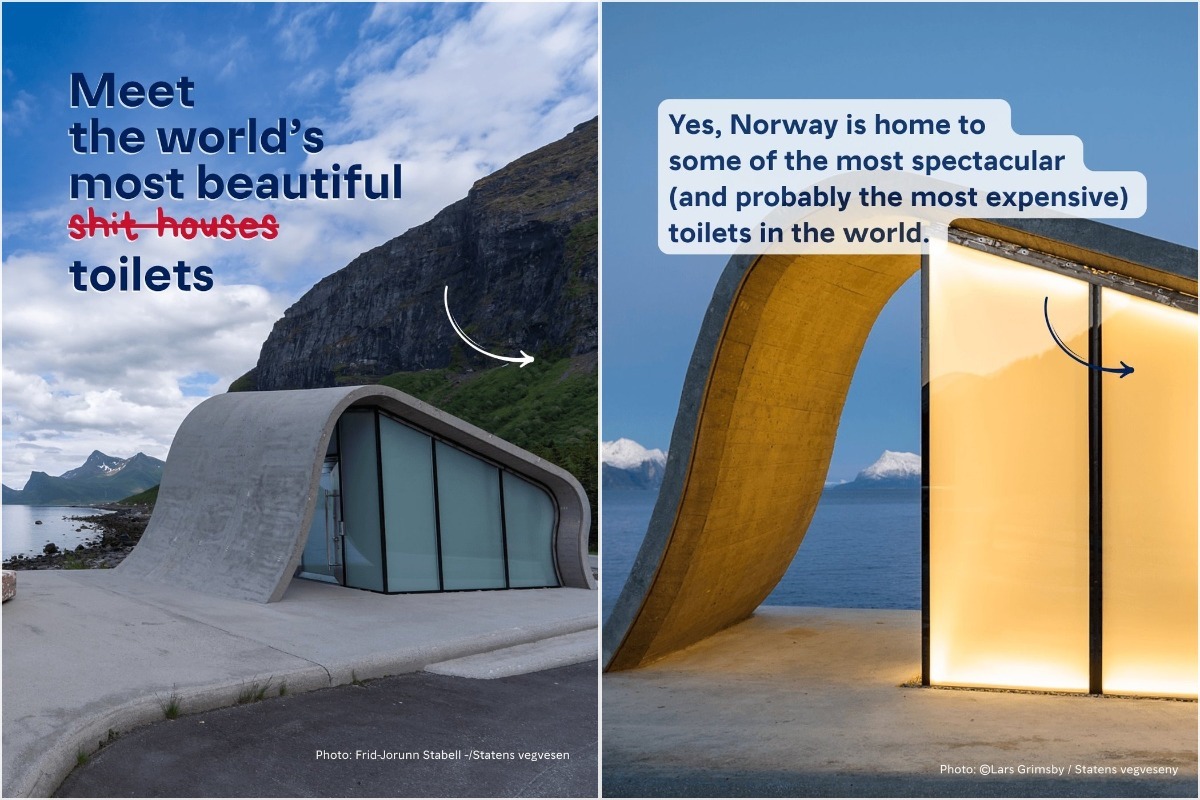 Public toilets on the Norwegian coast and a sculpted interior glowing warm gold, showcased by Visit Norway after Trump threatened to bar Norwegian immigrants over being snubbed for the Nobel Peace Prize.