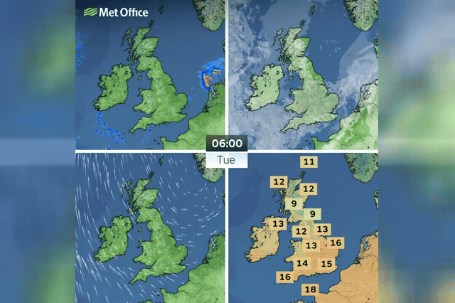 The Met Office forecast graphic for Tuesday, as Britain braces for explosive cyclogenesis dropping 32mb in 24 hours — well above the threshold qualifying as a 'weather bomb' — bringing 60mph gales from Wednesday.