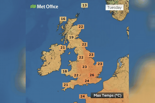 Parts of the UK recorded temperatures well above the monthly average maximum on Tuesday, though most regions will see daytime highs of just 14–20C once Wednesday's weather front sweeps through.
