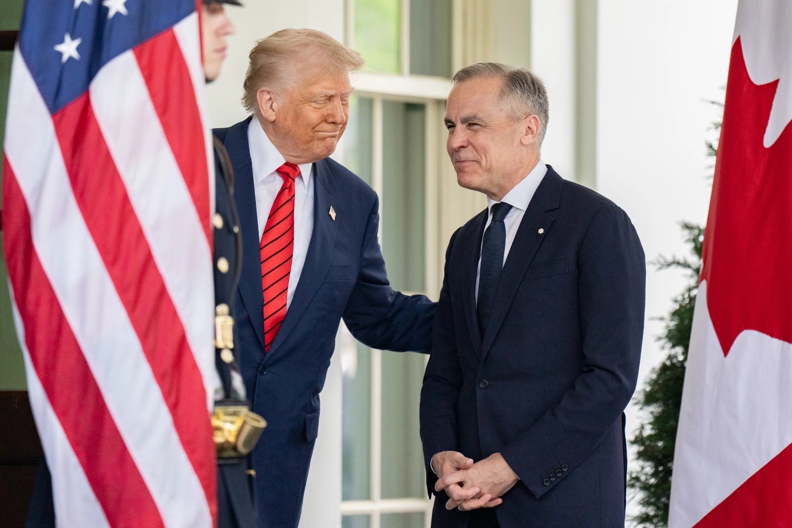 Donald Trump and Mark Carney are pictured as trade talks collapsed after Canada threatened to cut off electricity exports supplying up to 15 per cent of New England's winter power.