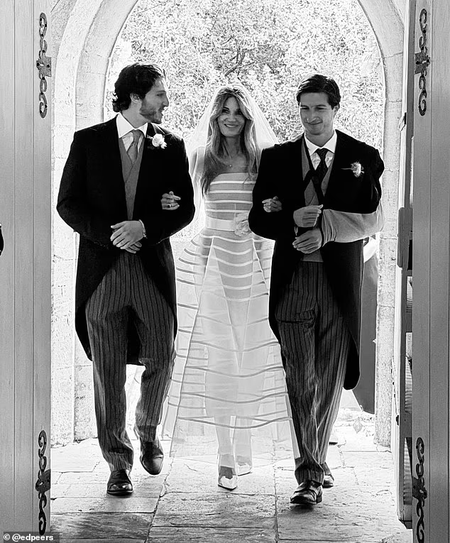 Sulaiman Khan (left) and Kasim Khan, the sons Jemima Goldsmith shares with jailed former Pakistani prime minister Imran Khan, escorted their mother down the aisle at last Saturday's ceremony.