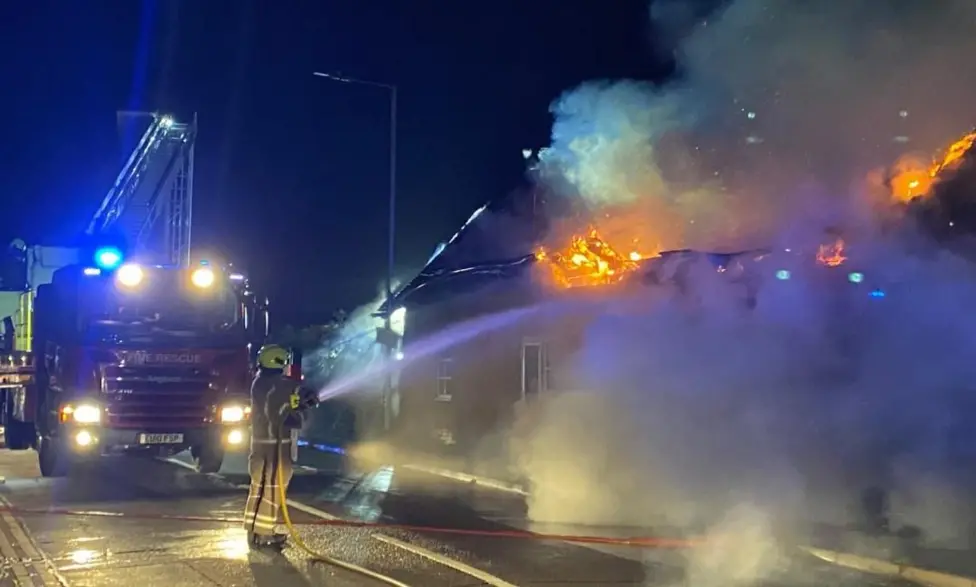 Essex County Fire and Rescue Service crews tackle the blaze at the Harvester restaurant in Stanway, with incident commander Jeremy Tuckwell saying firefighters worked to stop the fire spreading to nearby buildings.