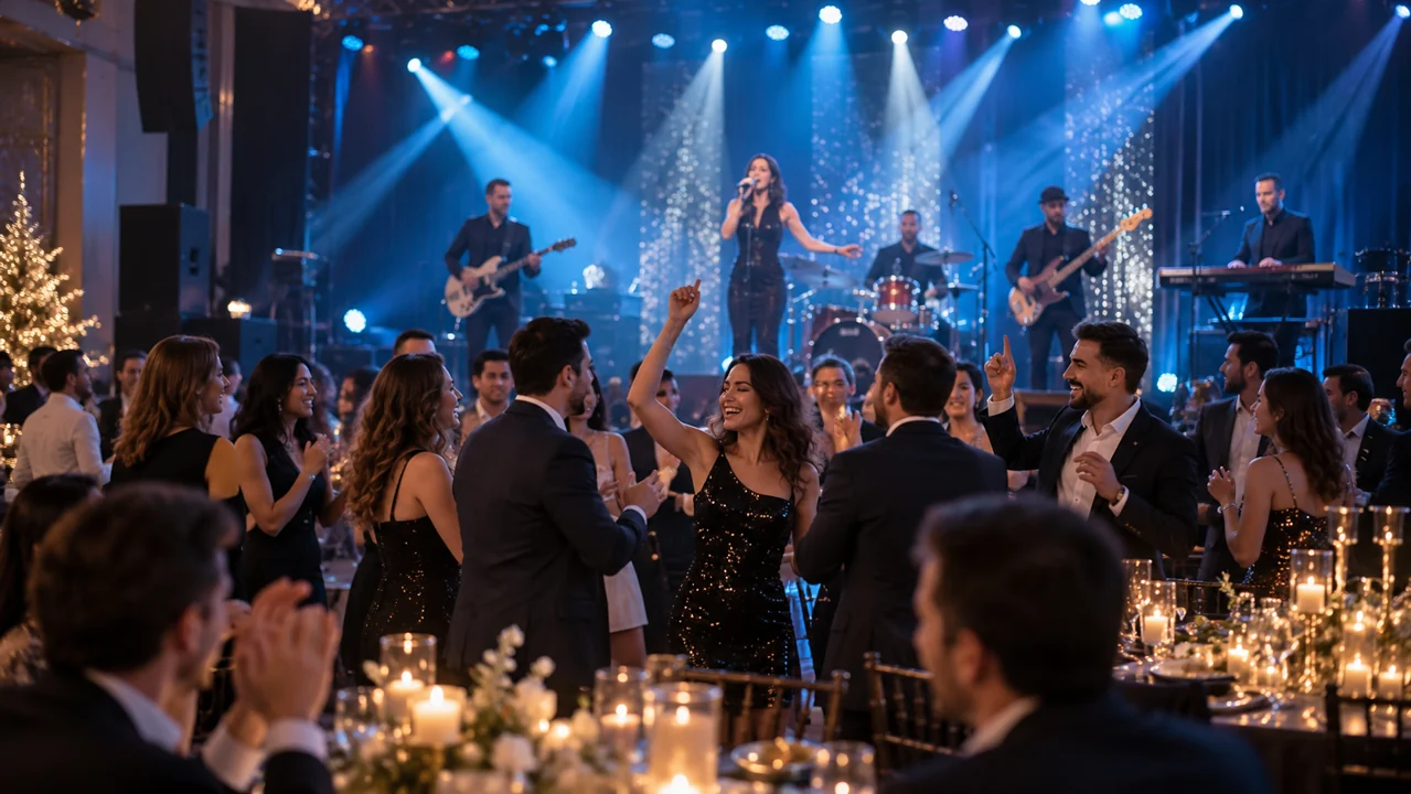 Canlı müzik sahnesi ve katılımcılarla kurumsal yıl sonu etkinliği