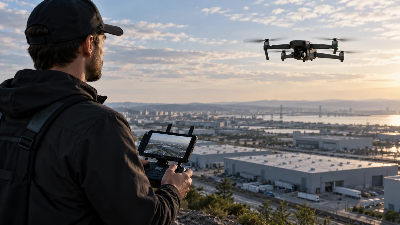 Havadan görüntü alan drone ve kumandayla çalışan operatör