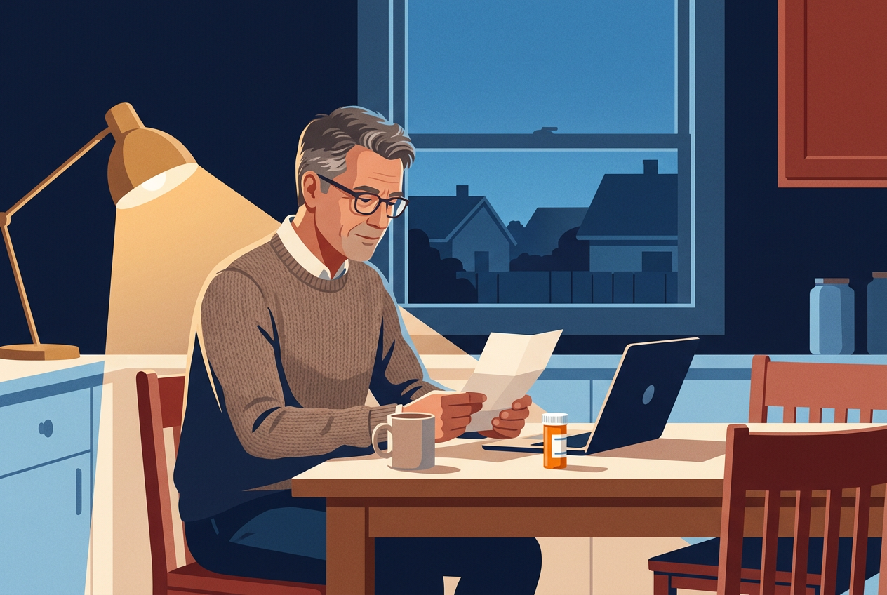 Illustration: a man at his kitchen table in the evening, reading a letter from his former employer beside a laptop and a pill bottle.