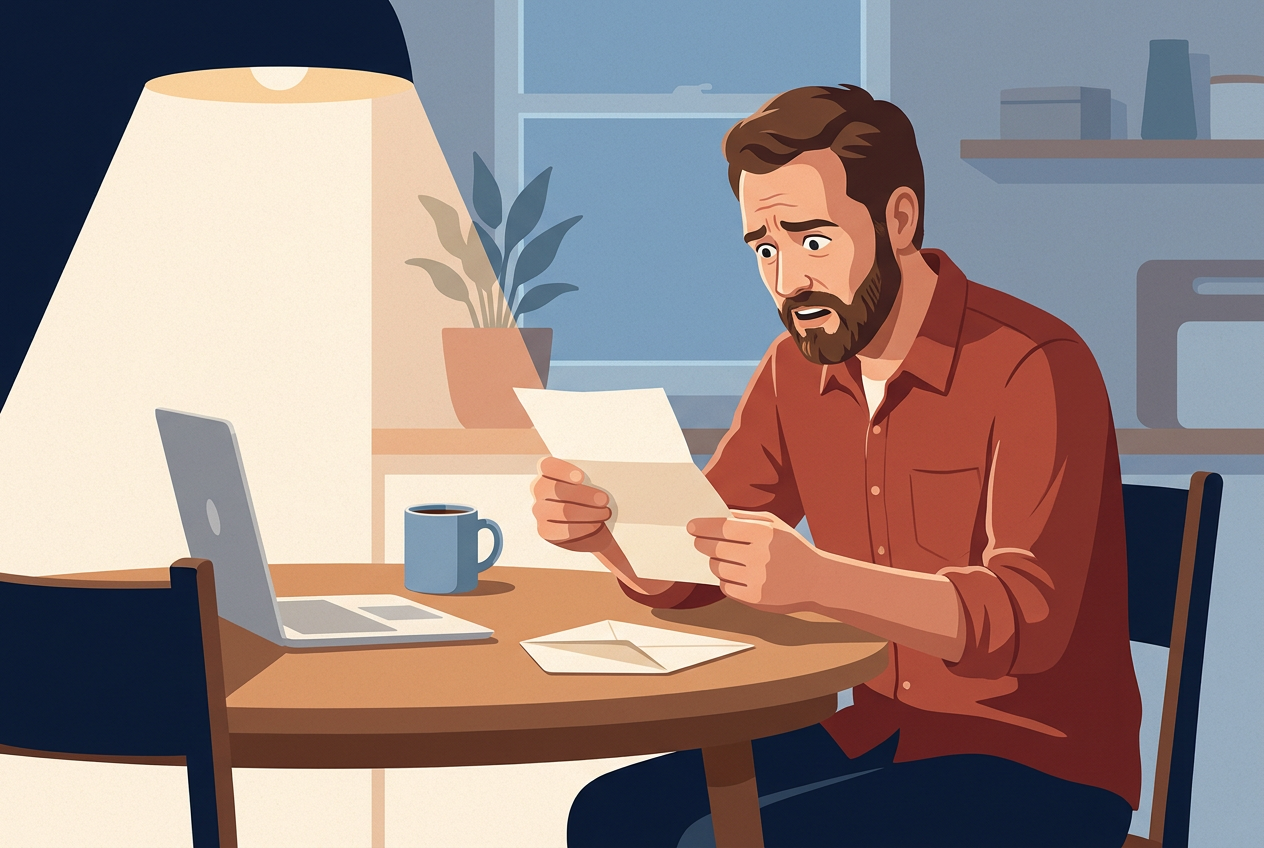 Illustration: a man at his kitchen table in the evening reads a letter with a worried look, an open envelope and a laptop beside him.