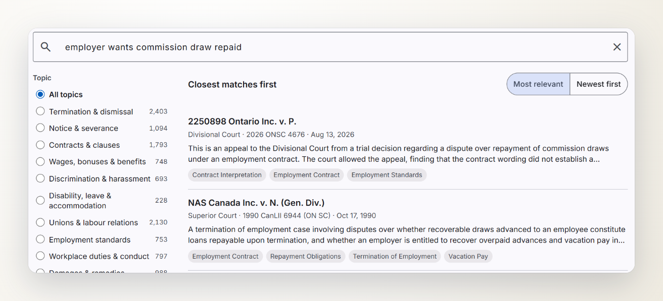 Screenshot of the Court Cases page: a search for 'employer wants commission draw repaid' lists the Divisional Court's 2026 decision first, then an older decision on recoverable draws.