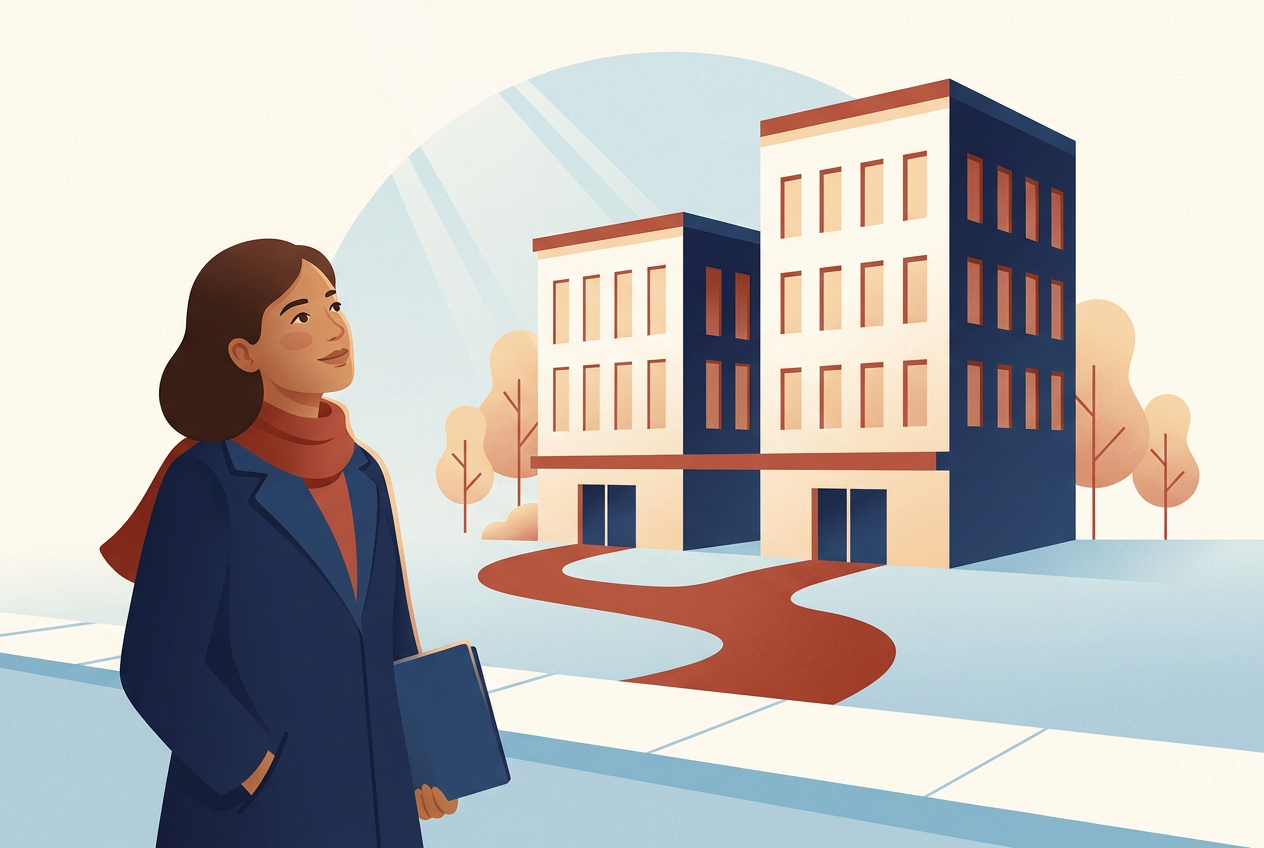 Illustration of a woman with a folder under her arm looking up at two near-identical buildings joined by one path.