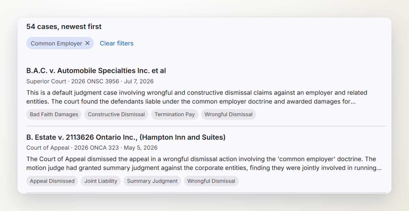 Screenshot of the Court Cases page on Ontario Severance filtered on Common Employer, showing 54 cases, newest first, with this decision second in the list.