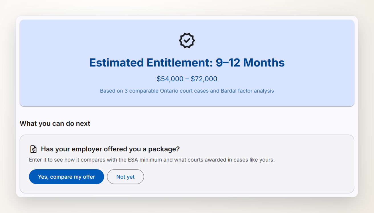 A calculator result: estimated entitlement of 9 to 12 months, $54,000 to $72,000, with a prompt to compare an employer's offer