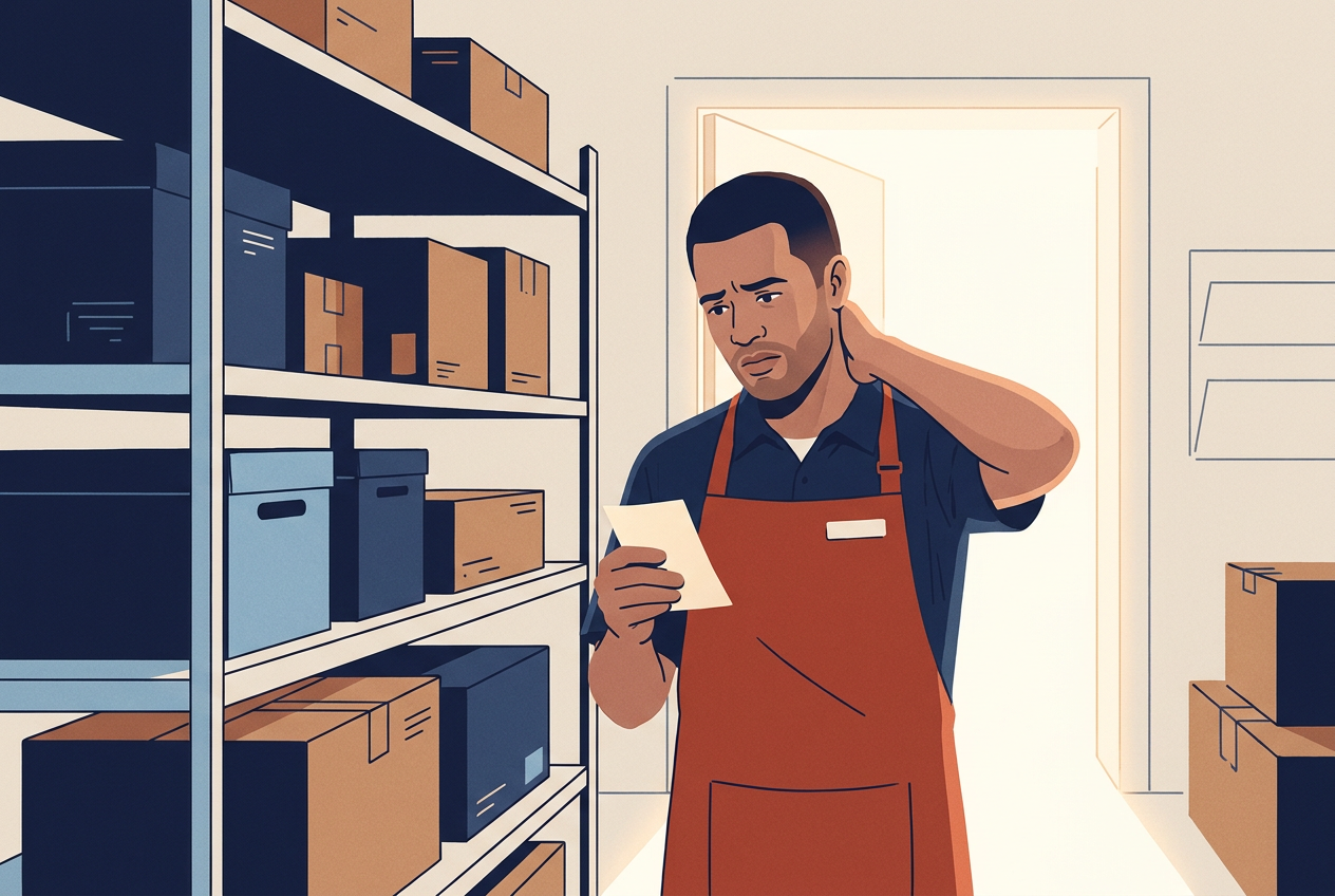 A man in a work apron in a store's back room, looking at a slip of paper with a troubled face, one hand on the back of his neck, an open door behind him
