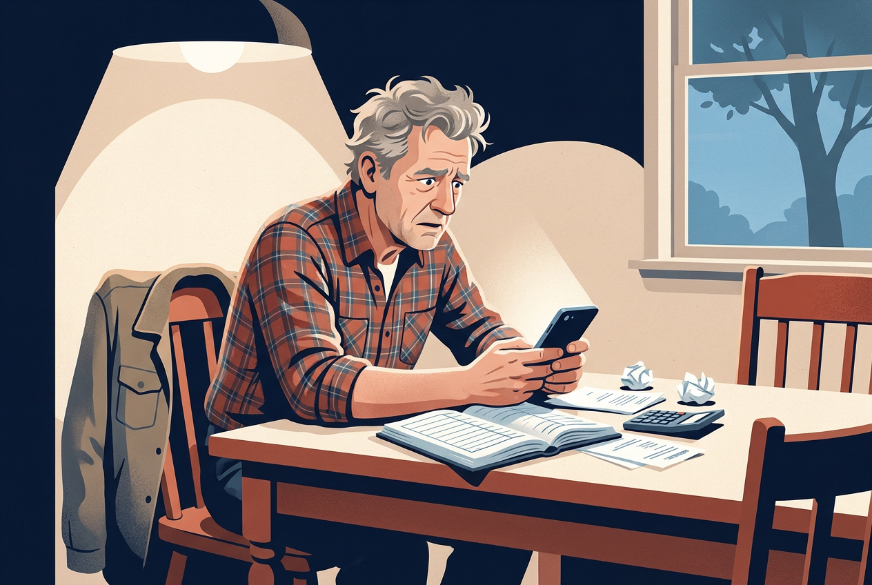 A man in his sixties in a plaid shirt sitting at a kitchen table at night with an order book and a calculator, staring at his phone with a worried face