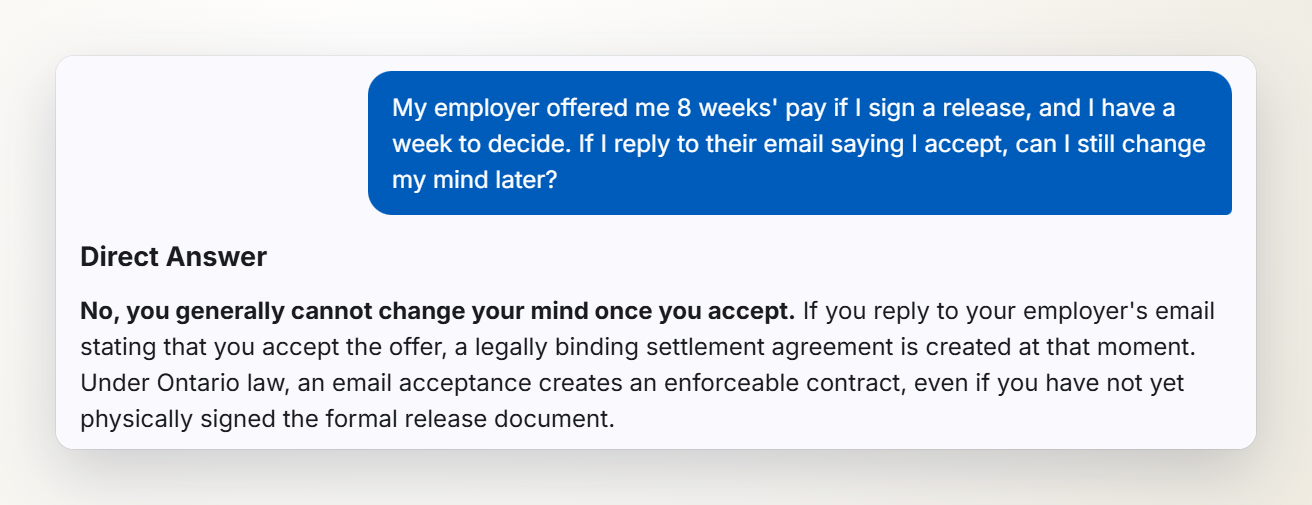 The site's chat answering a question about accepting a severance offer by email