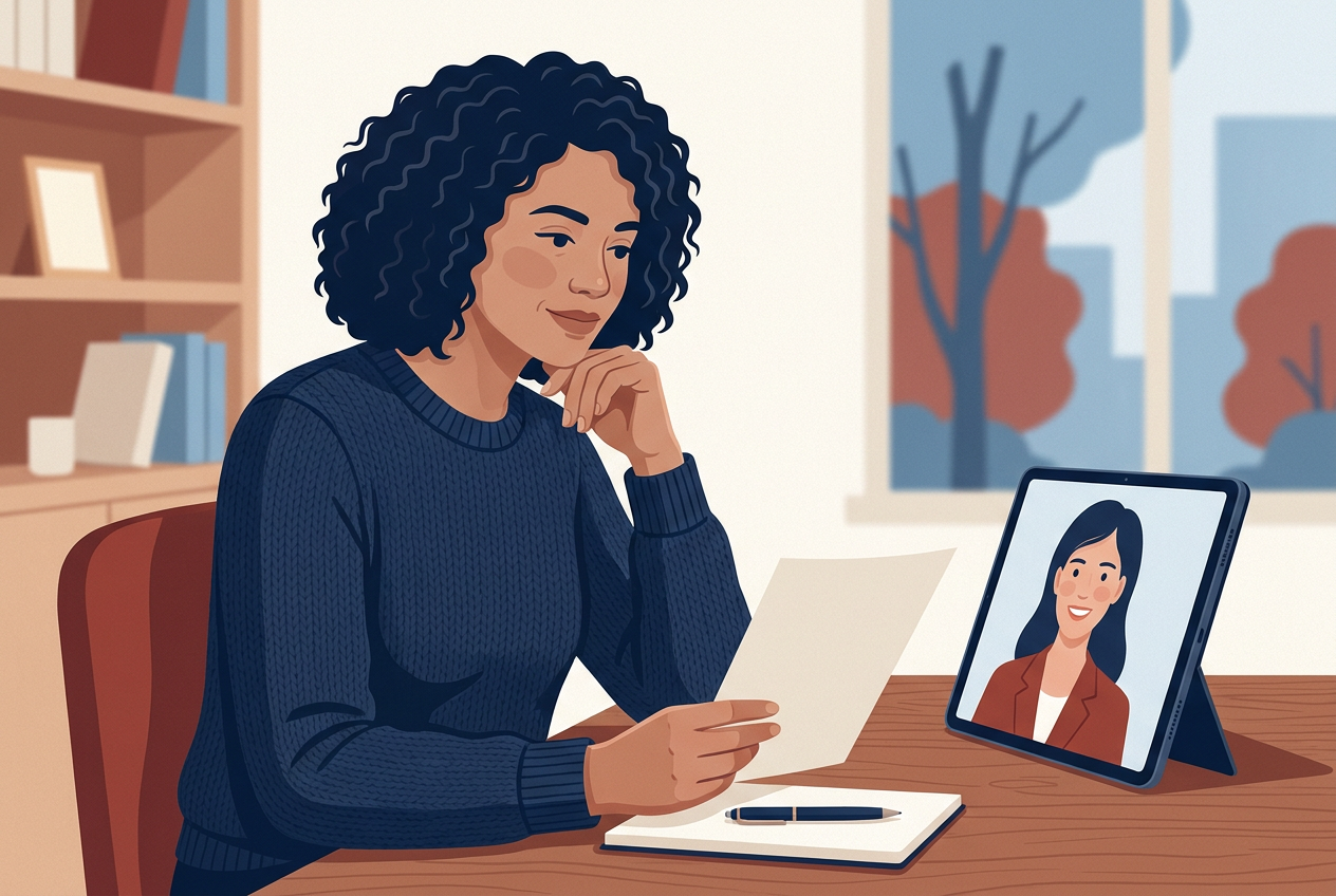 An employee holds an unsigned offer letter while talking with an advisor on a video call