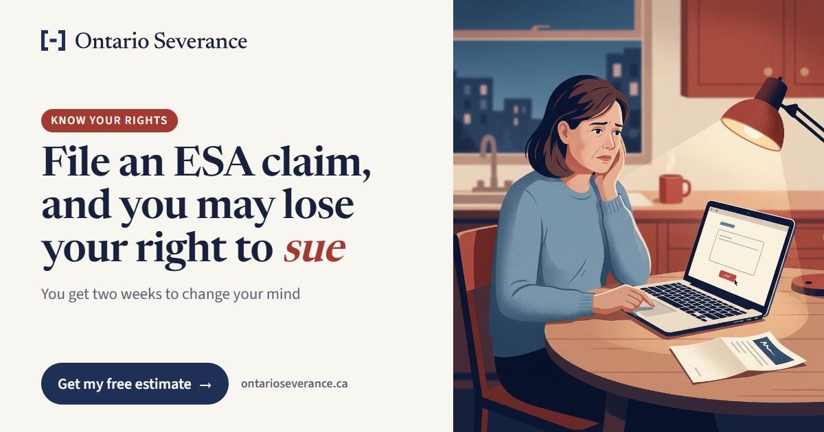 Illustration: a woman at her kitchen table at night rests her cheek on her hand, worried, a finger on her laptop's trackpad, a letter beside it. Text: Know your rights. File an ESA claim, and you may lose your right to sue. You get two weeks to change your mind. Get my free estimate.