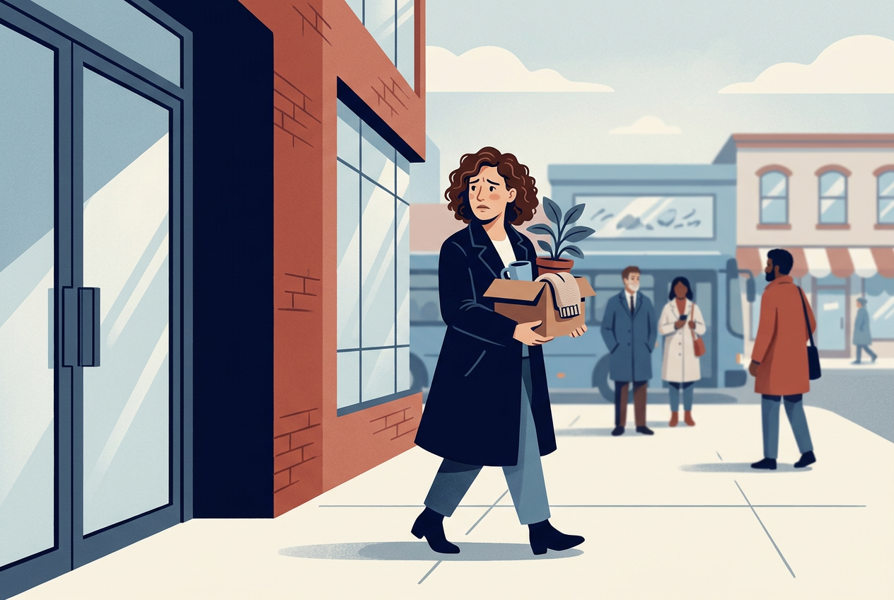 Illustration of a woman leaving an office building with a box of her things, looking back at the door, worried.