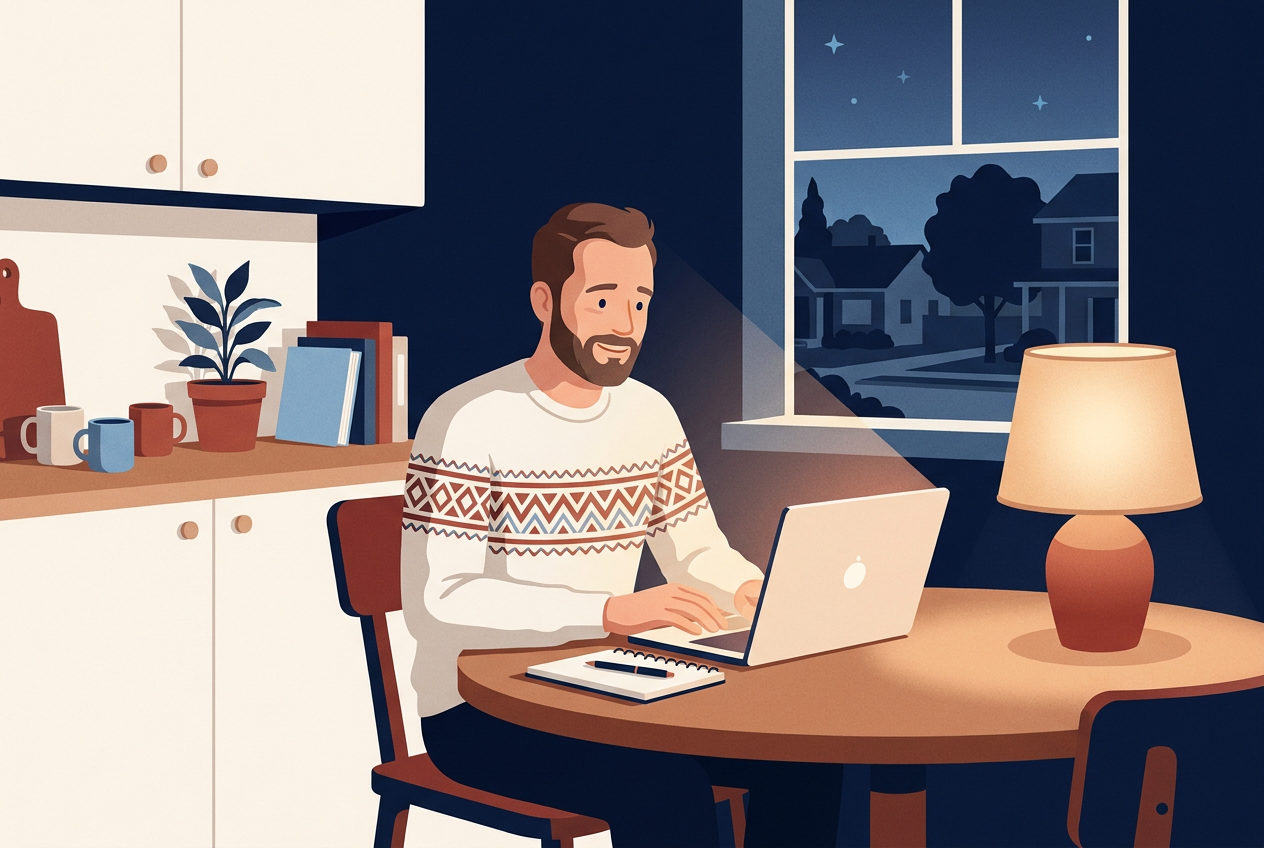 Illustration of a man at his kitchen table in the evening, reading his laptop calmly with a relieved smile.