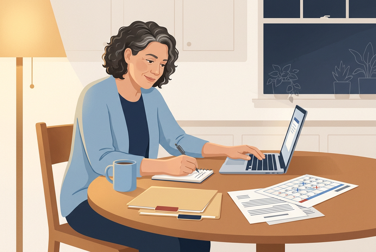 A woman at her kitchen table in the evening, writing notes beside her laptop, folders of papers and a calendar.
