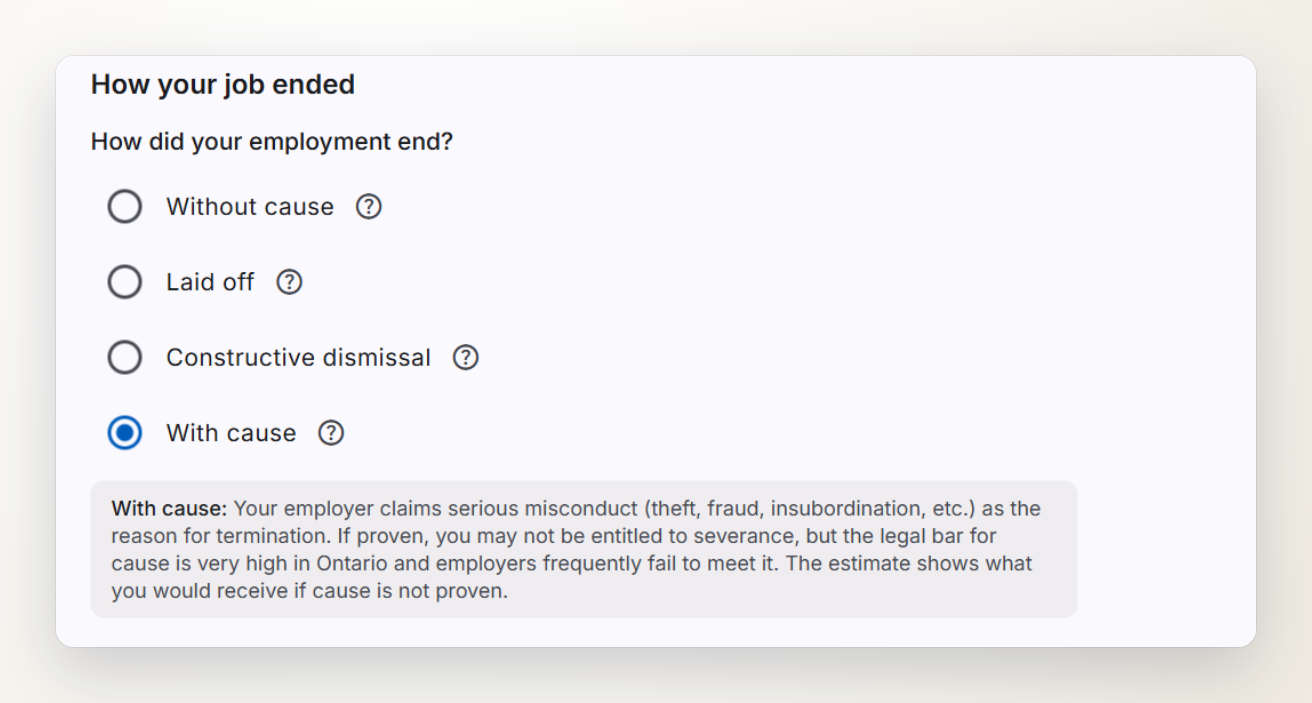 The severance calculator form with With cause selected and its explanation.