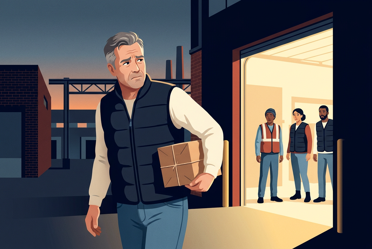 A warehouse supervisor walks out of a loading door at dusk carrying a box of his belongings, looking back with a hurt expression while three co-workers watch from the doorway