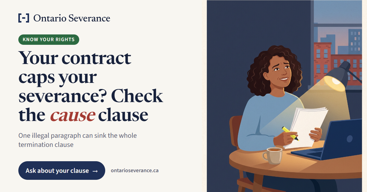 Illustration: a woman at her kitchen table at night, holding her employment contract and a highlighter, her worry turning to hope. Text: Know your rights. Your contract caps your severance? Check the cause clause. One illegal paragraph can sink the whole termination clause. Ask about your clause.