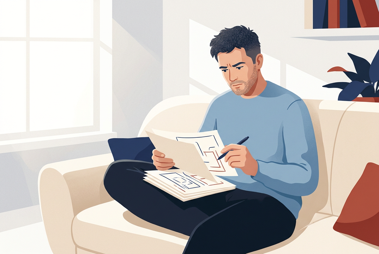 Illustration: a man on his couch reading his employment contract closely, pen in hand