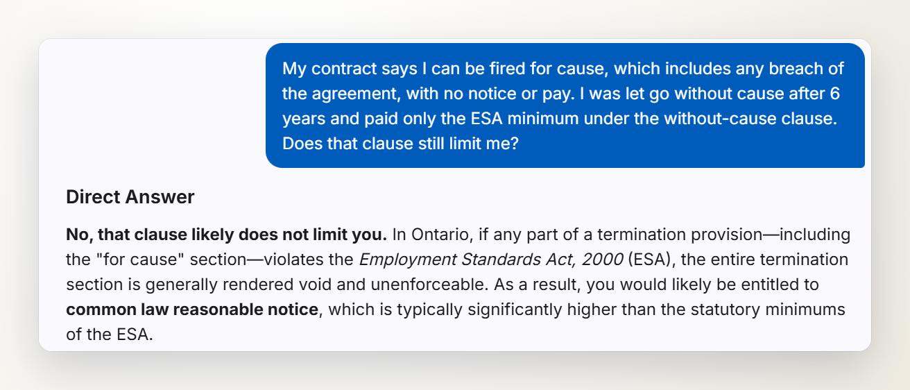 A chat question about a for-cause clause and the start of the answer