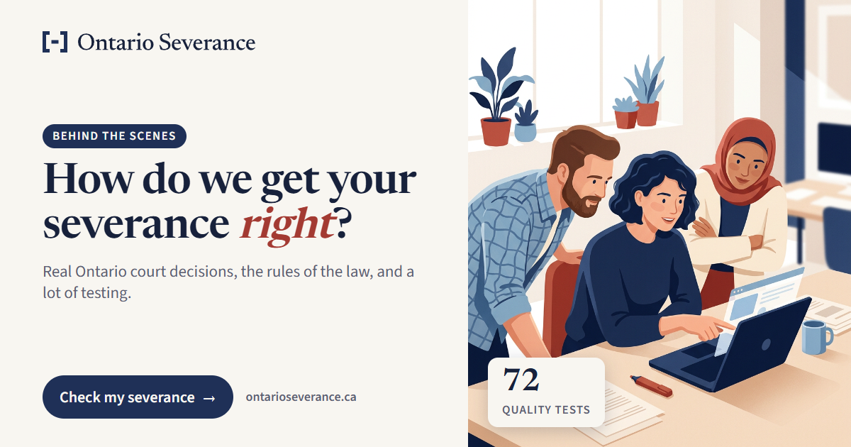 Illustration: a team of three works together around a laptop and printed court decisions in a bright office. Text: Behind the scenes. How do we get your severance right? Check my severance. Badge: 72 quality tests.