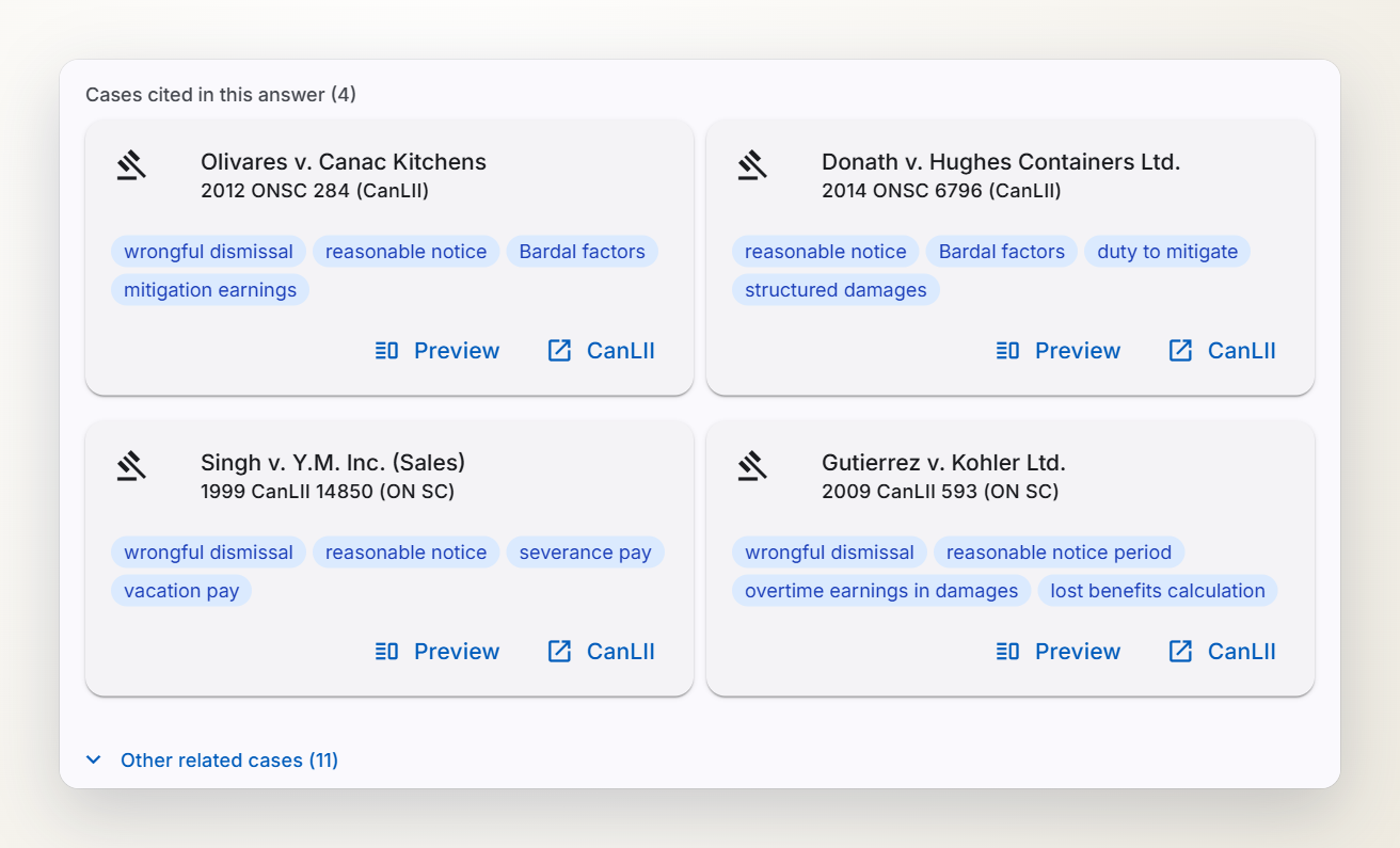 Screenshot of four court decisions cited under an answer, each with Preview and CanLII links.