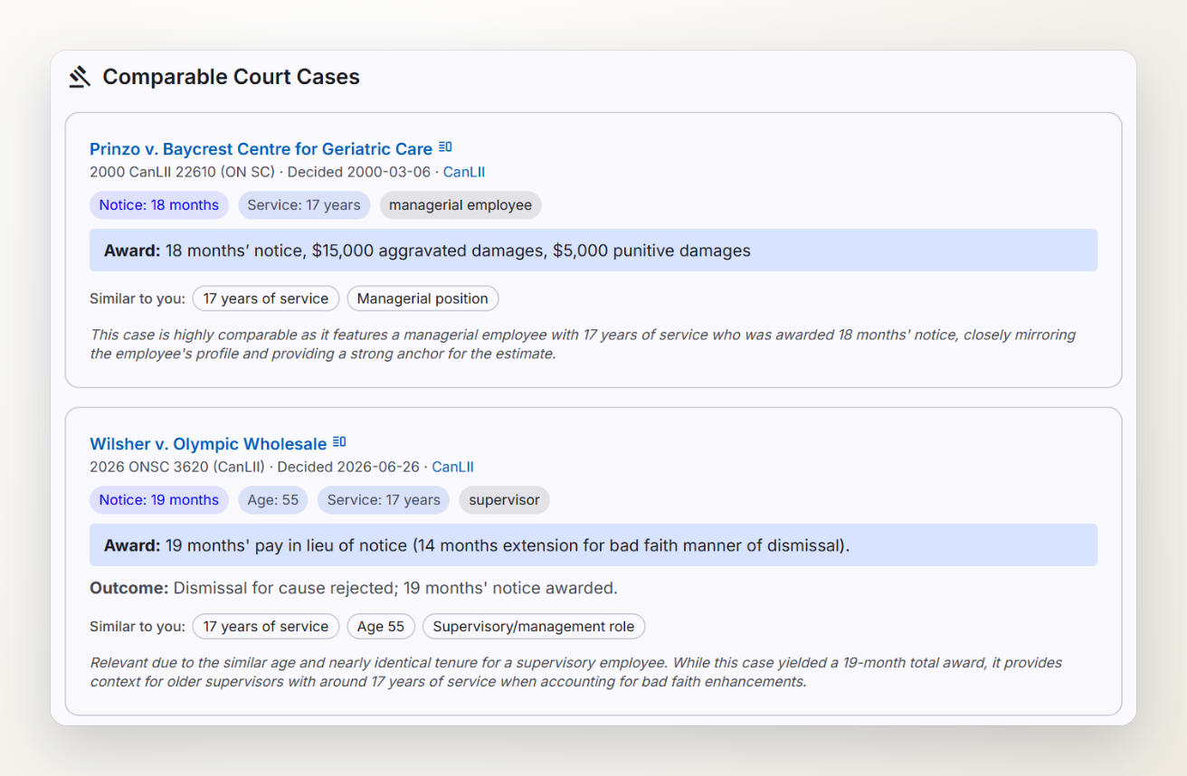 Screenshot of the comparable court cases behind the example estimate, with each case's notice period, service and award.