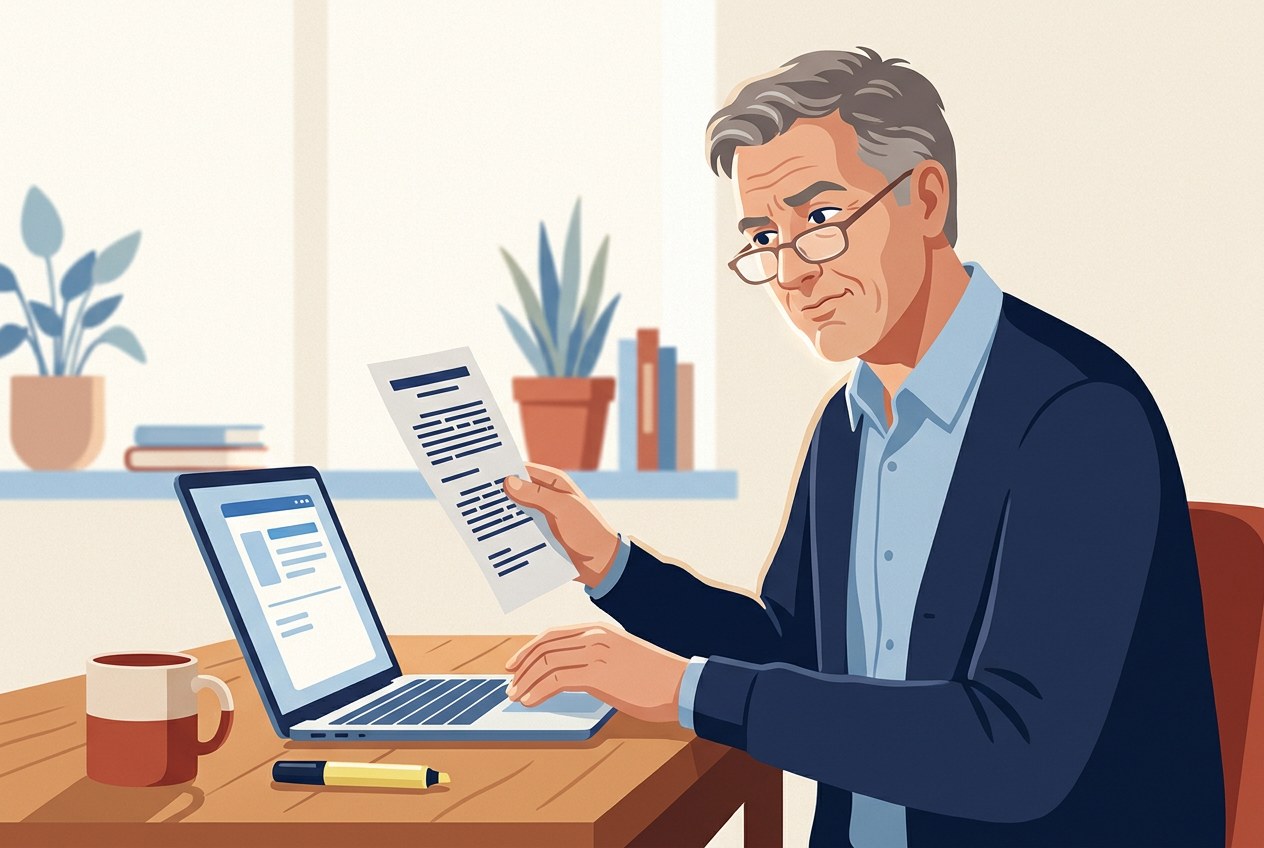Illustration of a man in reading glasses comparing a printed court decision with his laptop.