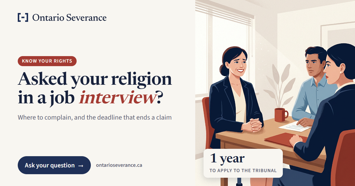 Illustration: a woman in a job interview smiling uneasily across a desk from two interviewers. Text: Know your rights. Asked your religion in a job interview? Where to complain, and the deadline that ends a claim. 1 year to apply to the Tribunal. Ask your question.