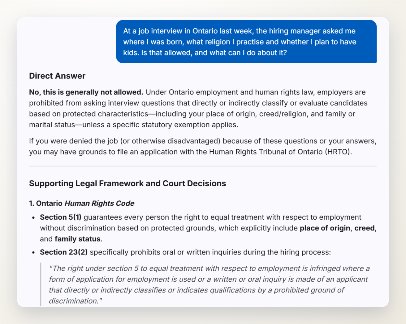 Screenshot of the Ontario Severance chat answering a question about interview questions on place of birth, religion and children.
