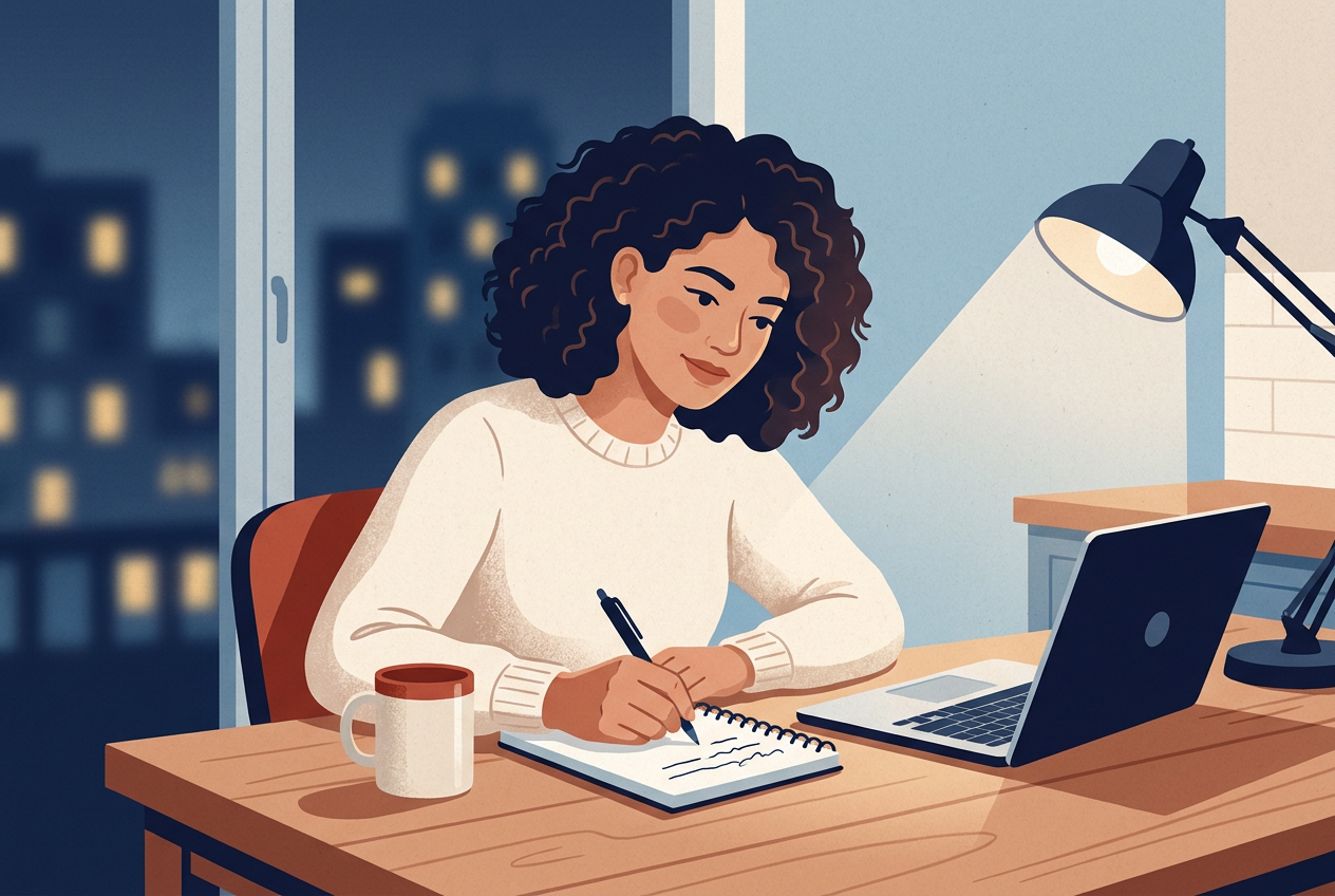 Illustration of a woman at her table in the evening, writing notes in a notebook beside her laptop.