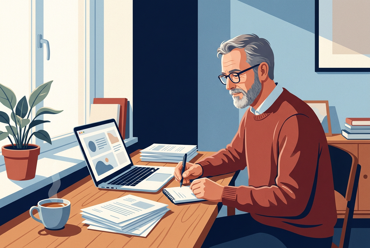 Illustration of a man in his late fifties at his desk at home, calmly going through papers and making notes next to his laptop.